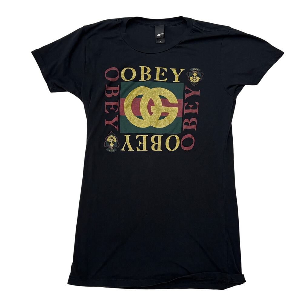 Obey Propaganda Designer Parody Graphic T-Shirt M Black USA Streetwear Skate Y2K